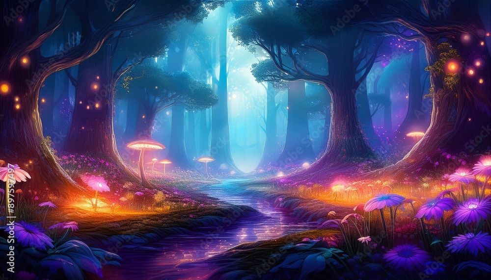 Fantasy world magical forest where fairies live Fantasy world magical forest where fairies live