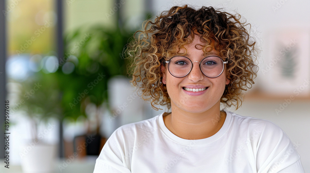 Smiling woman portrait. Happy person with curly hair in casual attire. Bright indoor setting with greenery in the background Smiling woman portrait. Happy person with curly hair in casual attire. Bright indoor setting with greenery in the background