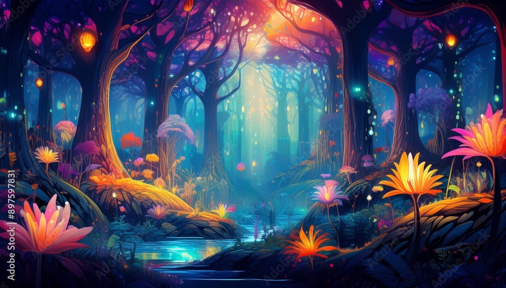 Fantasy world magical forest where fairies live Fantasy world magical forest where fairies live