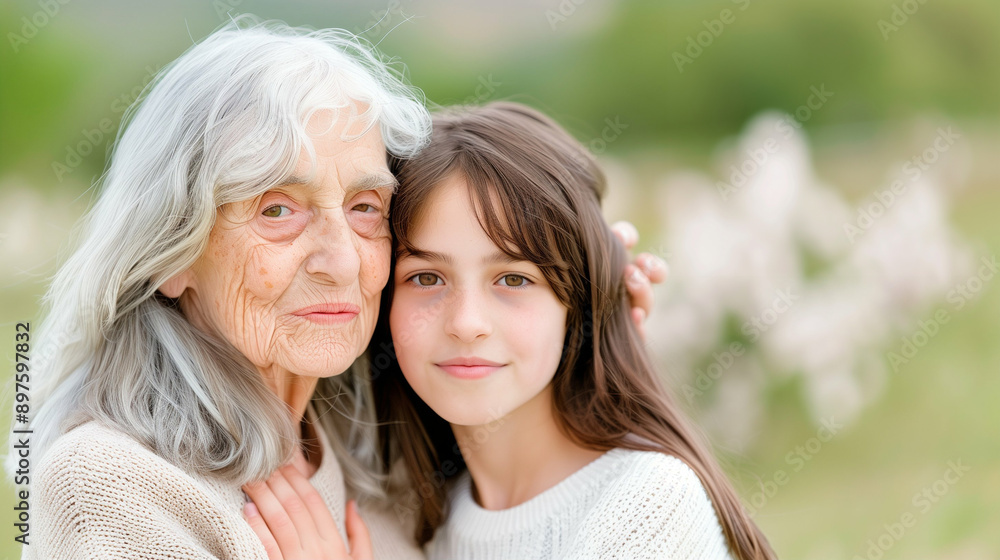 Woman and girl in a family portrait showcasing generational connection. Heartwarming moments captured in a serene outdoor setting with soft natural light highlighting their bond Woman and girl in a family portrait showcasing generational connection. Heartwarming moments captured in a serene outdoor setting with soft natural light highlighting their bond
