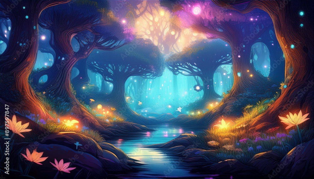 Fantasy world magical forest where fairies live Fantasy world magical forest where fairies live