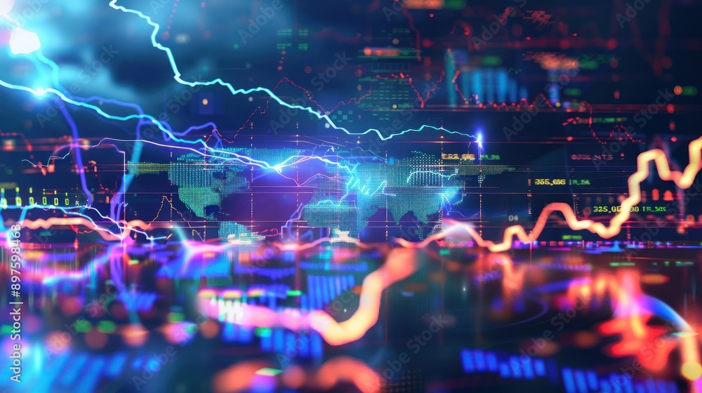 Lightning streaks representing worldwide stock market movements on a futuristic tech background. Lightning streaks representing worldwide stock market movements on a futuristic tech background.