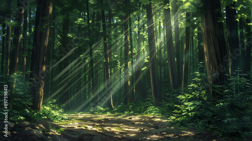 Sunlit forest with tall trees, serene atmosphere