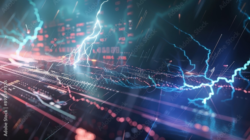 Lightning streaks representing worldwide stock market movements on a futuristic tech background. Lightning streaks representing worldwide stock market movements on a futuristic tech background.