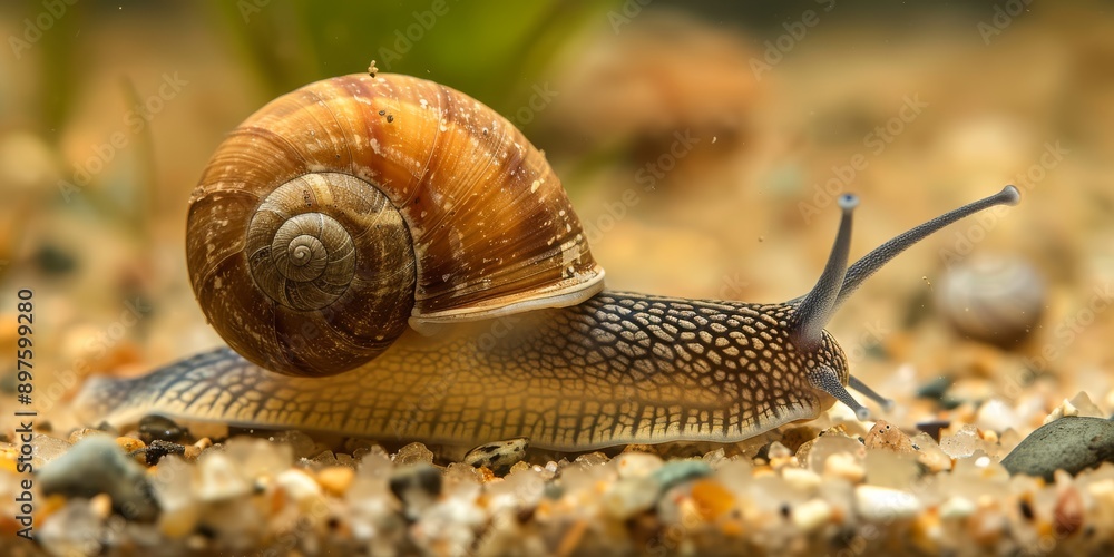 Closeup of a garden snail with a spiral shell moving on sandy ground, focusing on details and textures in a macro shot Closeup of a garden snail with a spiral shell moving on sandy ground, focusing on details and textures in a macro shot