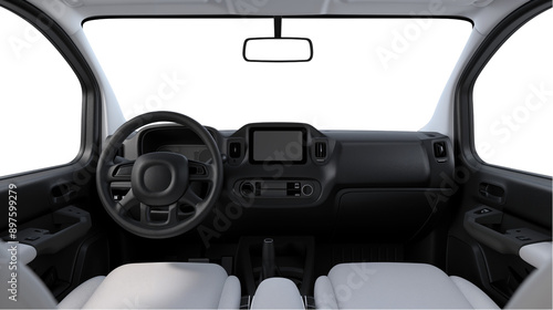Generic car dashboard interior, steering wheel and dashboard pov, inside modern vehicle, automobile isolated on white or transparent background