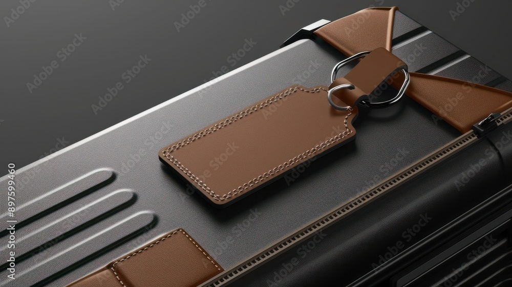 Showcase your travel accessory designs with this eye-catching mockup featuring an empty luggage tag on a sleek suitcase. The tag's high-quality material and unique shape add a touch of style Showcase your travel accessory designs with this eye-catching mockup featuring an empty luggage tag on a sleek suitcase. The tag's high-quality material and unique shape add a touch of style