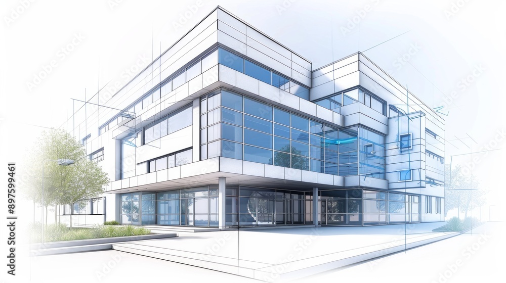 Large modern hospital building, pencil sketch and blueprint . Large modern hospital building, pencil sketch and blueprint .