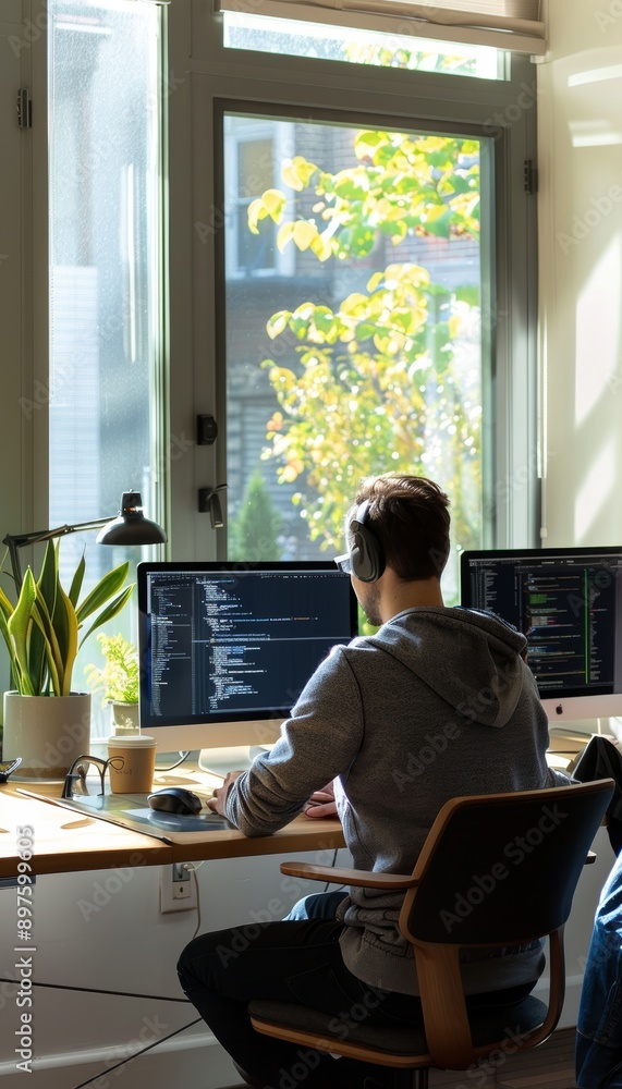 Remote Software Developer Working in Minimalist Workspace with Clean Desk and Natural Light Remote Software Developer Working in Minimalist Workspace with Clean Desk and Natural Light