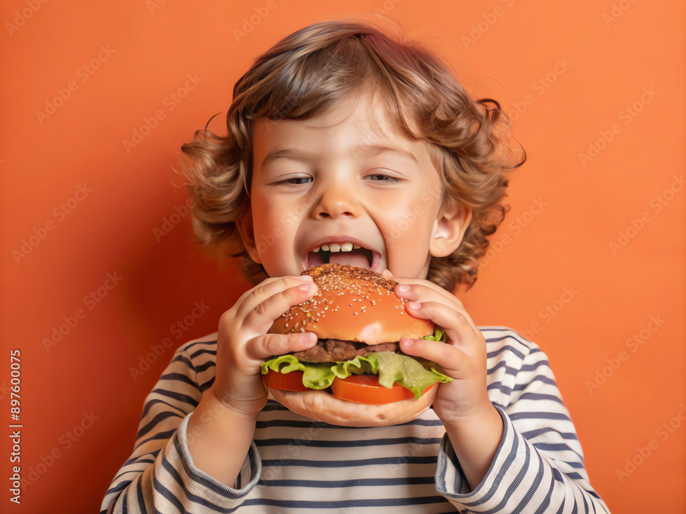 portrait of a kid enjoying a burger with a happy expression and a full bite portrait of a kid enjoying a burger with a happy expression and a full bite