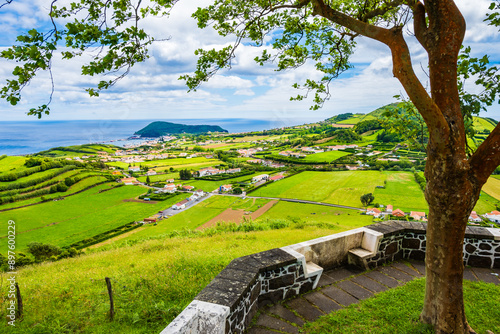 Obraz na płótnie Picnic area and viewpoint over green meadows and hills in rural farming interior, Faial island, Azores, Portugal w salonie
