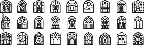 Church glass icons set. Diverse collection of arched church stained glass windows, each featuring intricate designs and meaningful religious symbols