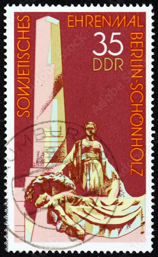 Postage stamp Germany 1977 Mother Russia and Obelisk, Soviet War Memorial Berlin-Schonholz