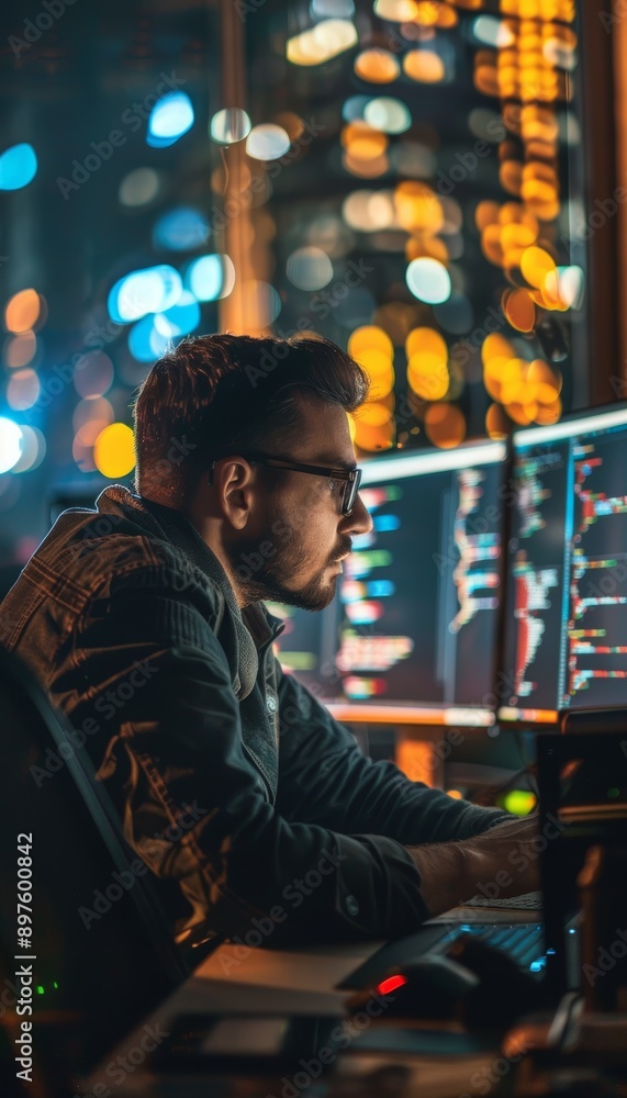 Focused Software Developer Coding Late at Night in Dimly Lit Room with Multiple Screens Focused Software Developer Coding Late at Night in Dimly Lit Room with Multiple Screens