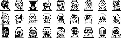 Gumball machine icons set. Collection of different gumball machines containing colorful candy and chewing gum