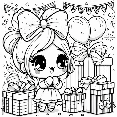 girl with a ribbon with many gifts for her birthday kids coloring page birthday illustration