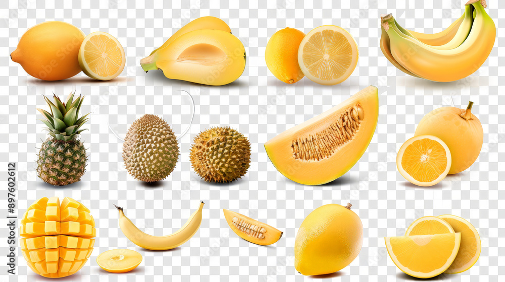 collection of yellow fruits, bananas, orange, pineapple collection of yellow fruits, bananas, orange, pineapple