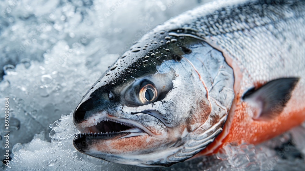 Imported fresh trout salmons arrange on ice tray at a supermarket. Imported fresh trout salmons arrange on ice tray at a supermarket.