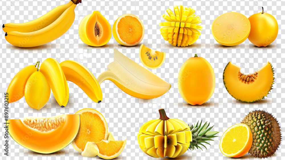 collection of yellow fruits, bananas, orange, pineapple collection of yellow fruits, bananas, orange, pineapple