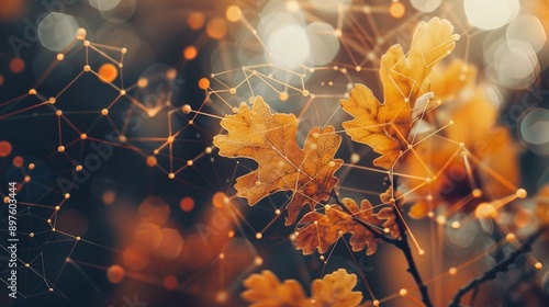 Simple shape illustration of periodic elements connected with transparent integrated design featuring oak leaves