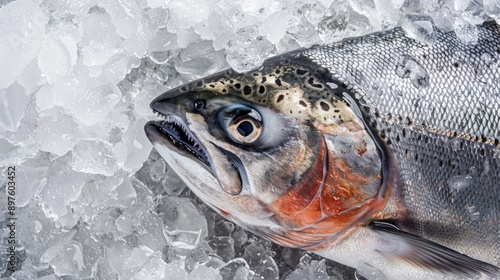 Imported fresh trout salmons arrange on ice tray at a supermarket. photo