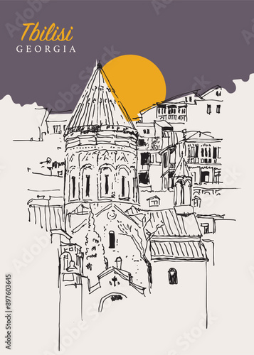 Drawing sketch illustration of the Surb Gevorg Armenian Church in the old town of Tbilisi, Georgia
