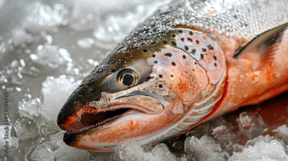 Imported fresh trout salmons arrange on ice tray at a supermarket. Imported fresh trout salmons arrange on ice tray at a supermarket.