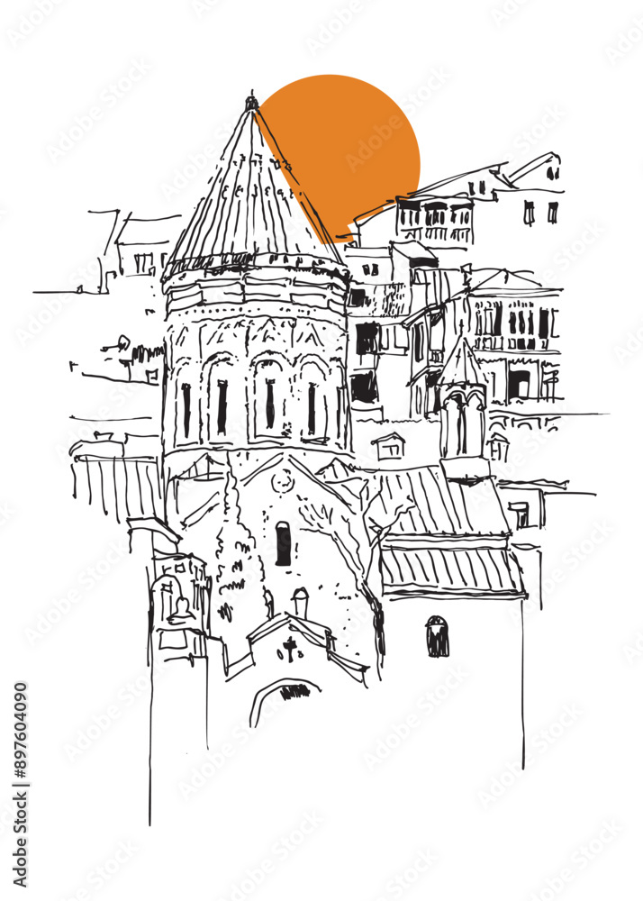 Drawing sketch illustration of the Surb Gevorg Armenian Church in the old town of Tbilisi, Georgia