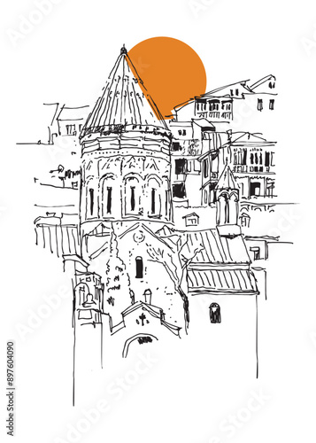 Obraz na płótnie Drawing sketch illustration of the Surb Gevorg Armenian Church in the old town of Tbilisi, Georgia w salonie