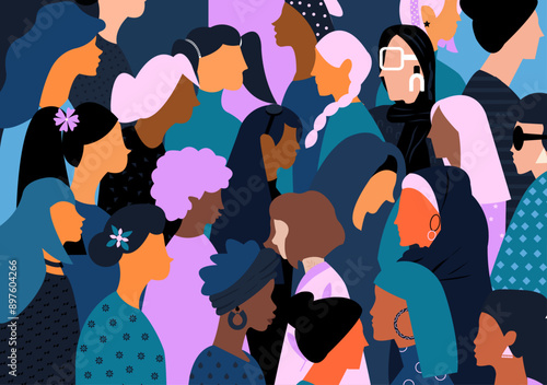 A crowd containing inclusive and diverse female population all together illustration