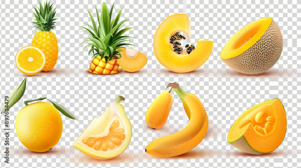 collection of yellow fruits, bananas, orange, pineapple collection of yellow fruits, bananas, orange, pineapple