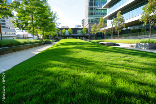 The integration of grass in urban design, focusing on a city park, green roof, or streetscape where grass plays a key role in creating sustainable and inviting green spaces - Generative AI photo