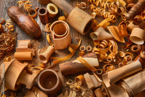 Wallpaper Mural An image depicting a collection of woodworking offcuts and shavings on a workshop table or floor - Generative AI Torontodigital.ca