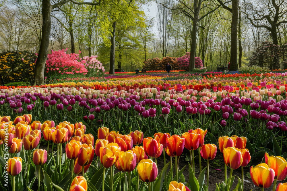 The expanse of a field or garden bursting with variegated tulips in spring, focusing on the rejuvenating effect of these flowers blooming en masse - Generative AI The expanse of a field or garden bursting with variegated tulips in spring, focusing on the rejuvenating effect of these flowers blooming en masse - Generative AI