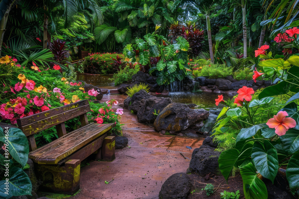 Obraz premium The tranquility and beauty of a secluded hibiscus garden oasis, focusing on the peaceful ambiance and the harmonious arrangement of the flowers - Generative AI
