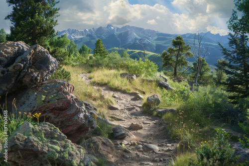 Wallpaper Mural The focus should be on the pathway, framed by natural mountain scenery, including rocky outcrops, alpine meadows, or dense forests, depending on the elevation - Generative AI Torontodigital.ca