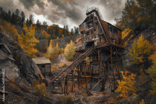 Wallpaper Mural The haunting beauty of an abandoned mine, with structures that hint at a once-thriving operation now left to decay - Generative AI Torontodigital.ca