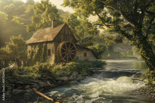 Wallpaper Mural A traditional watermill set in a serene, natural landscape, emphasizing the harmony between historical architecture and the environment - Generative AI Torontodigital.ca