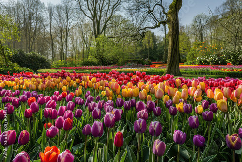 Wallpaper Mural The expanse of a field or garden bursting with variegated tulips in spring, focusing on the rejuvenating effect of these flowers blooming en masse - Generative AI Torontodigital.ca