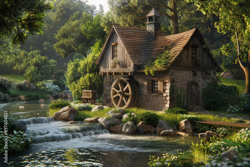 Wallpaper Mural A traditional watermill set in a serene, natural landscape, emphasizing the harmony between historical architecture and the environment - Generative AI Torontodigital.ca