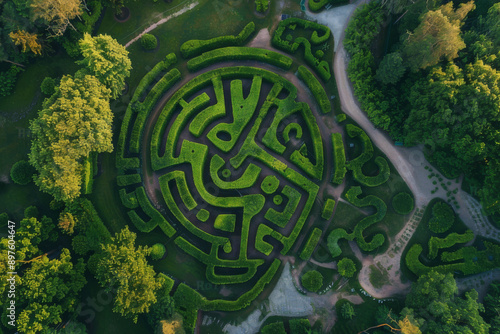 Wallpaper Mural The focus should be on the maze's design and the beauty of its natural setting, with the pathways clearly defined against the surrounding landscape - Generative AI Torontodigital.ca