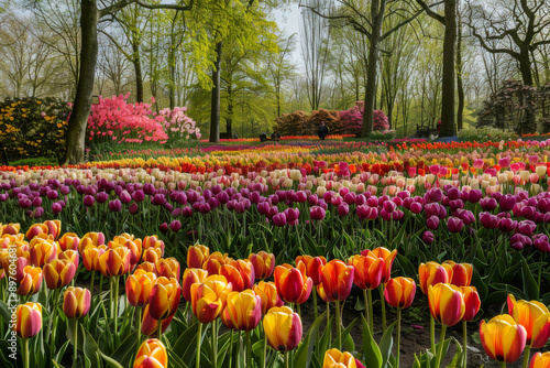 Wallpaper Mural The expanse of a field or garden bursting with variegated tulips in spring, focusing on the rejuvenating effect of these flowers blooming en masse - Generative AI Torontodigital.ca