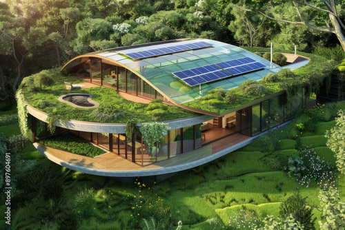 Wallpaper Mural A modern, eco-friendly house in a lush green setting, highlighting features like solar panels, green roofs, and natural building materials - Generative AI Torontodigital.ca