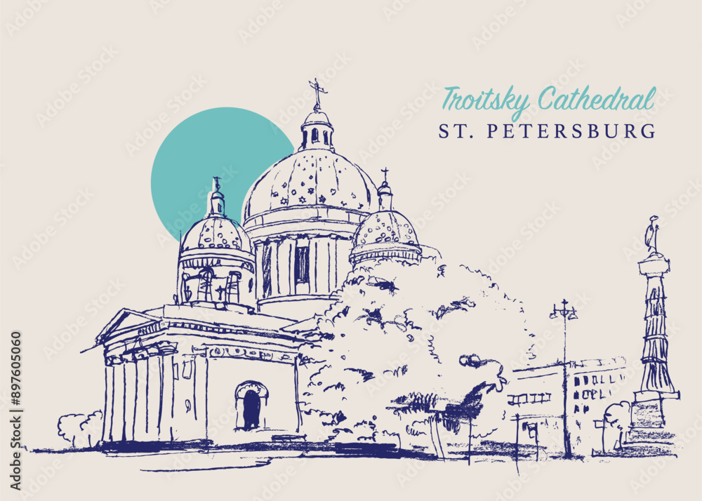 Fototapeta premium Drawing sketch illustration of the Troitsky Cathedral in Saint Petersburg, Russia