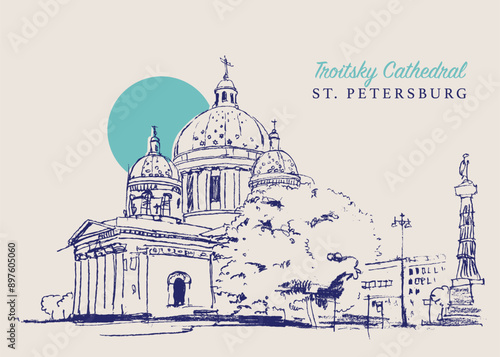Drawing sketch illustration of the Troitsky Cathedral in Saint Petersburg, Russia