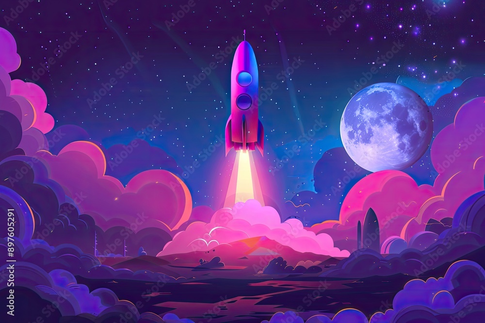 Naklejka premium Illustration of a rocket taking off, symbolizing a product launch with a futuristic design