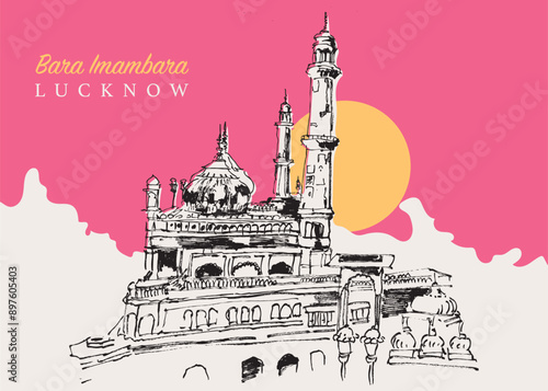 Drawing sketch illustration of the Bara Imambara, an old shia mosque in Lucknow, India