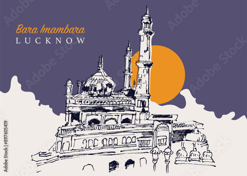 Drawing sketch illustration of the Bara Imambara, an old shia mosque in Lucknow, India