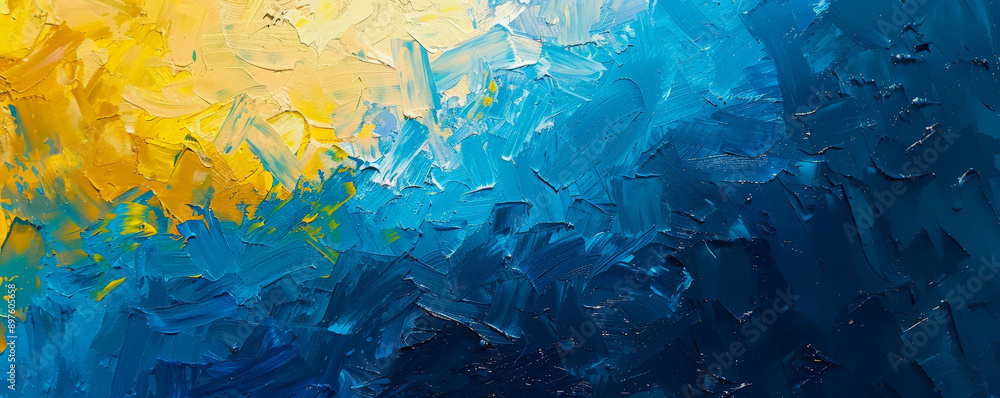Naklejka premium An abstract oil painting featuring a blend of glowing blue and yellow textures. The vibrant colors create a dynamic and energetic composition, highlighting the unique texture of the oil paint.