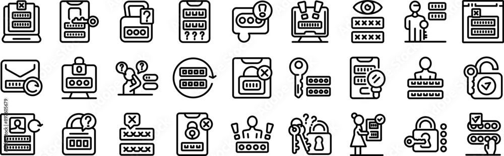 Forgot password People using passwords, passwords for web and mobile applications, password protection line icons set Forgot password People using passwords, passwords for web and mobile applications, password protection line icons set